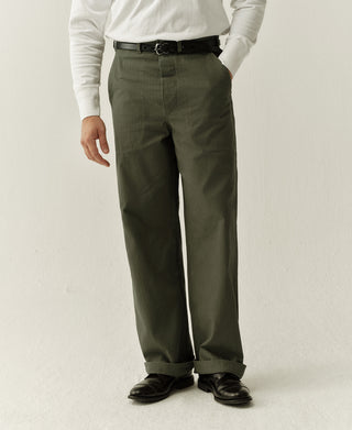 Olive herringbone deck pants with belt loops, pleat creases, and straight leg