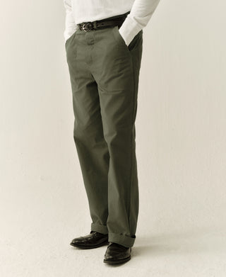 Olive herringbone deck pants with tapered fit, belt loops, and side pockets