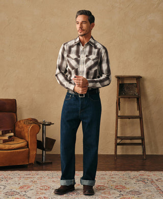Beige and dark plaid western shirt with point collar and button-front