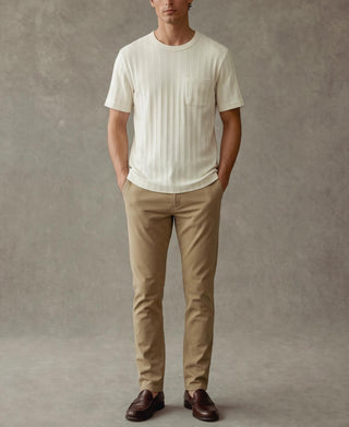 Oatmeal ribbed cotton pocket T-shirt, crew neck and short sleeves on model