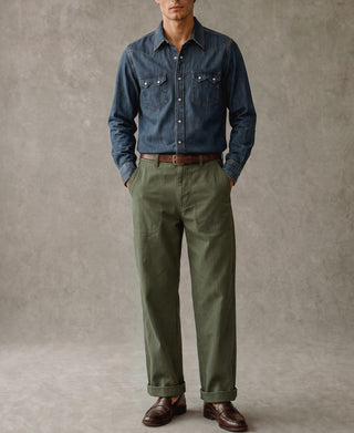 Olive deck pants with cuffed hems, straight leg