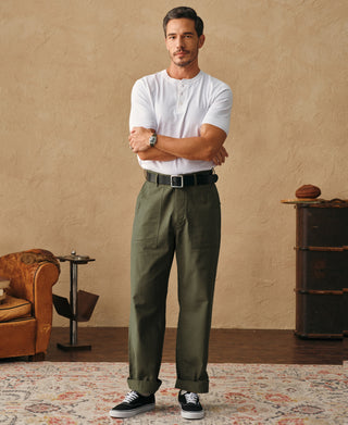 Olive fatigue pants, relaxed straight leg with belt loops and dark button