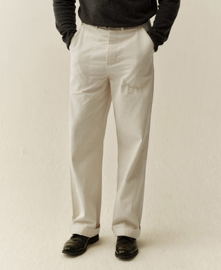 White deck pants full front view, pleated front, belt loops, straight legs