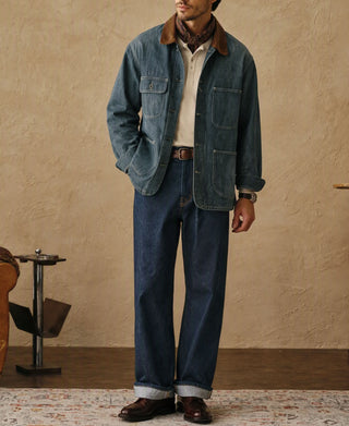 Sage blue 4-pocket denim barn jacket with corduroy-trim collar and cuffs