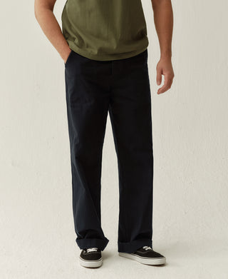 Navy straight-leg deck pants with front pockets