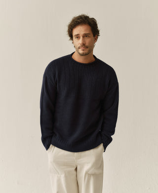 Front view of navy wool sweater with mock neck and ribbed chest panel