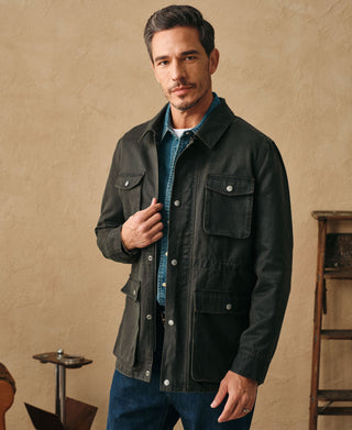 Black olive cotton-blend field jacket with button front and chest pockets
