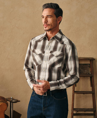 Beige and dark plaid western shirt with point collar and chest patch pockets