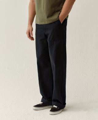 Navy straight-leg deck pants, side view with front pocket