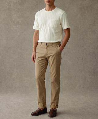Oatmeal ribbed cotton pocket T-shirt with crew neck and chest pocket detail