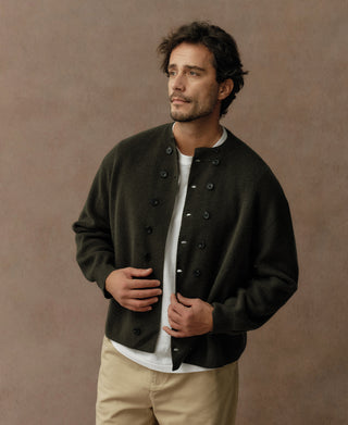 Olive double-breasted knit cardigan, open front with black buttons and mock placket