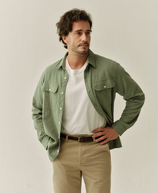 Sage brushed flannel work shirt with button front and chest pockets