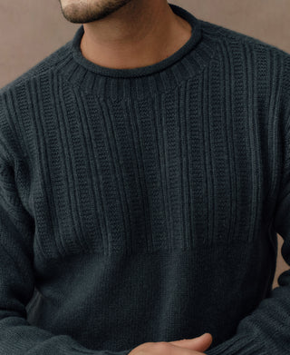 Dark blue wool sweater detail showing vertical textured chest panels and ribbed neckline