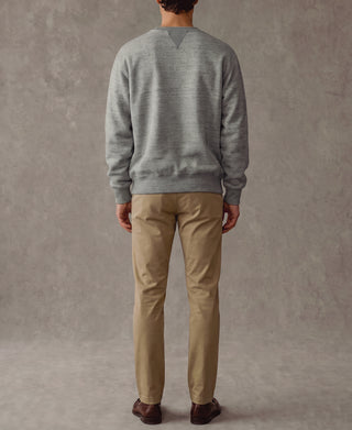 Heather gray crewneck sweatshirt, long sleeves, ribbed hem and cuffs, back view