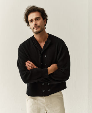 Men's black knit cardigan with double-breasted button front, long sleeves