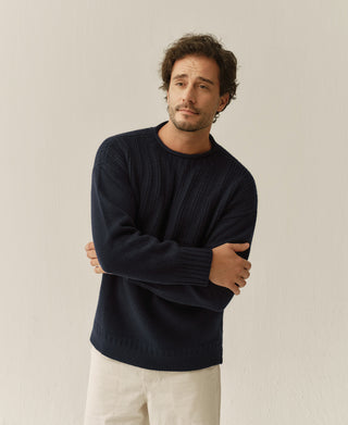 Navy sweater shown from the front with ribbed chest and cuffs