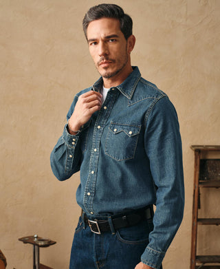 Washed denim western shirt worn by model: chest pockets with flap detail and contrast seams