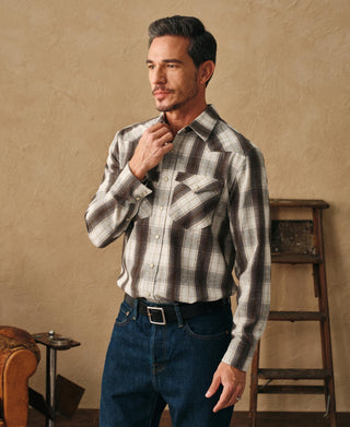 Beige and dark plaid western shirt with buttoned cuffs and chest pocket