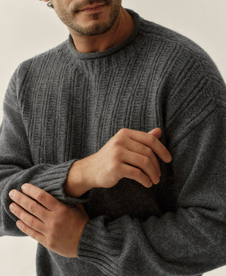 Close-up of a gray wool sweater's ribbed chest, collar, and cuffs