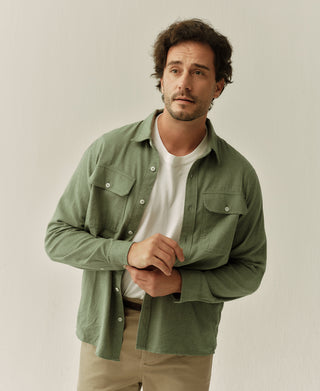 Sage brushed flannel work shirt with buttoned cuffs and two chest flap pockets