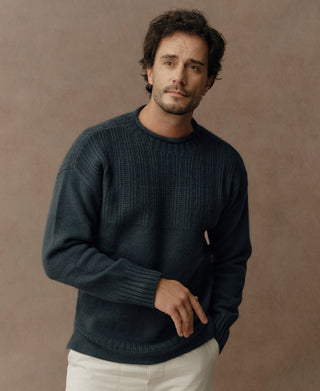 Dark blue wool sweater with ribbed chest panels and cuffs, modeled