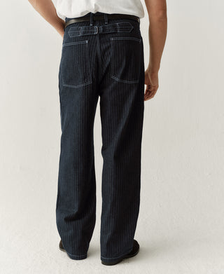 Indigo herringbone denim fatigue pants with back welt pockets and belt loops