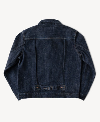 The back of the type 1 denim jacket, featuring adjusable mental back buckle and double pleats design.