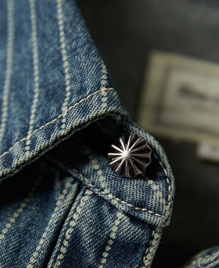 metal button of Slim Fit Wabash Striped Indigo Western Shirt