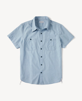 Military Wash Chambray Short Sleeve Workshirt in Washed Blue