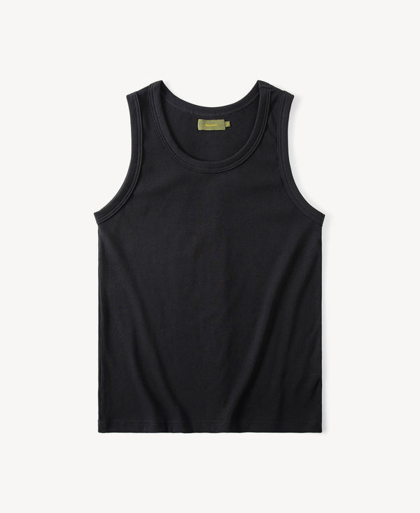 Black ribbed cotton-modal tank top, crew/scoop neck and sleeveless cut
