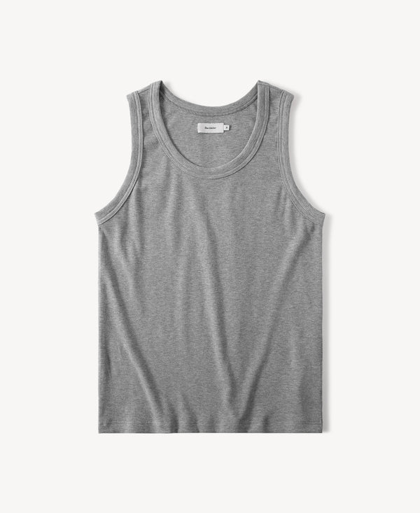 Gray cotton-modal blend tank top, round crew neck and sleeveless knit.