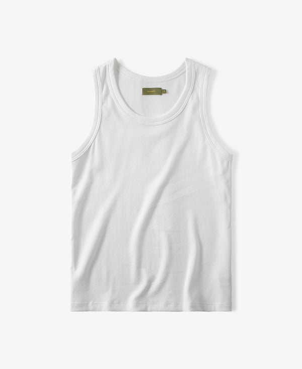 Men's white cotton-modal tank top with crew neckline, sleeveless