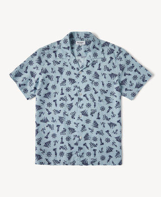Nautical Printed Seersucker Short Sleeve Camp Shirt in Light Steel Blue