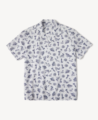 Nautical Printed Seersucker Short Sleeve Camp Shirt in White