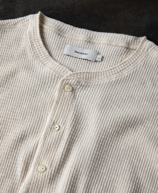 neckline detail of Honeycomb Waffle Knit Henley Long Sleeve T-Shirt