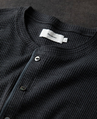 neckline of Honeycomb Waffle Knit Henley Long Sleeve T-Shirt