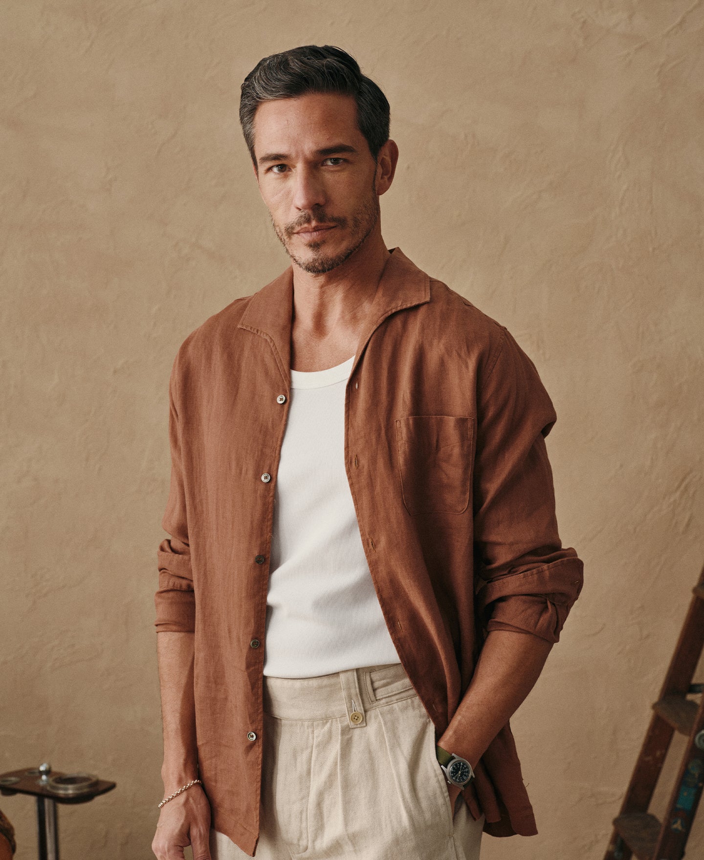 brown linen dress shirt Brown Linen Two-Pocket Western Shirt