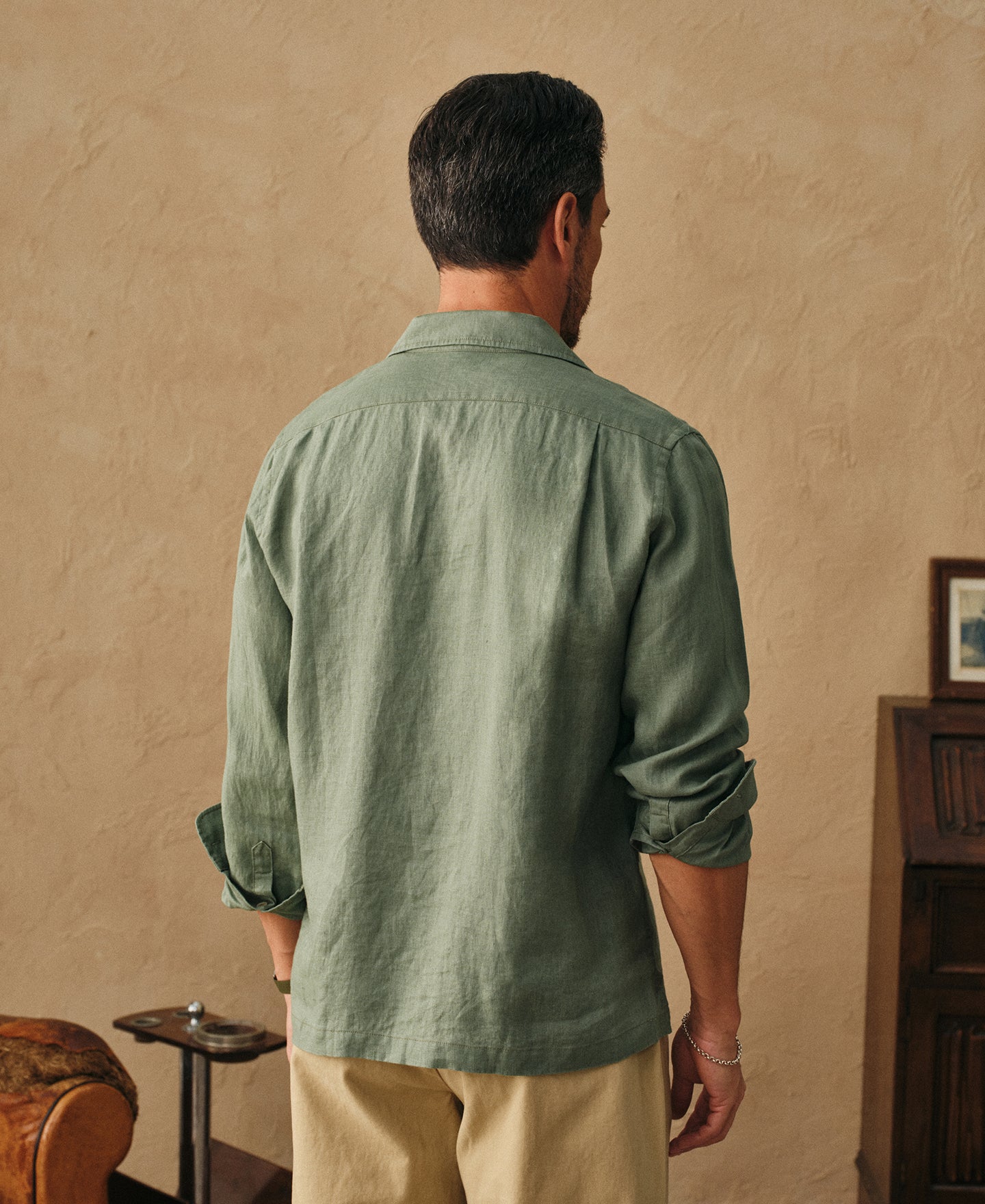 Men's 1950s Regular Fit Italian Collar Linen Shirt - Sage Men's 1950s Regular Fit Italian Collar Linen Shirt - Sage