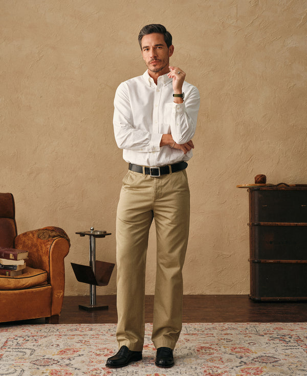 White button-down oxford shirt with pointed collar and button-front placket