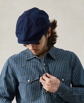 overview of Indigo-Dyed Sashiko Newsboy Cap