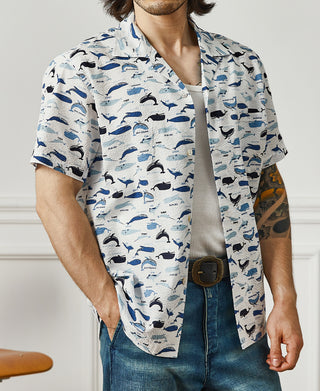overview of Marine Life Printed Seersucker Short Sleeve Camp Shirt