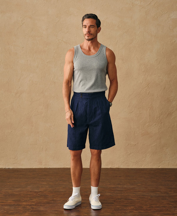 Gray cotton-modal blend tank top on male model, sleeveless crew neck.