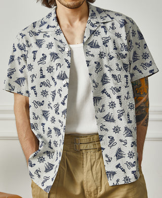 overview of Nautical Printed Seersucker Short Sleeve Camp Shirt