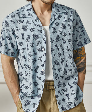 overview of Nautical Printed Seersucker Short Sleeve Camp Shirt
