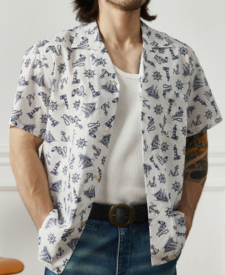 overview of Nautical Printed Seersucker Short Sleeve Camp Shirt