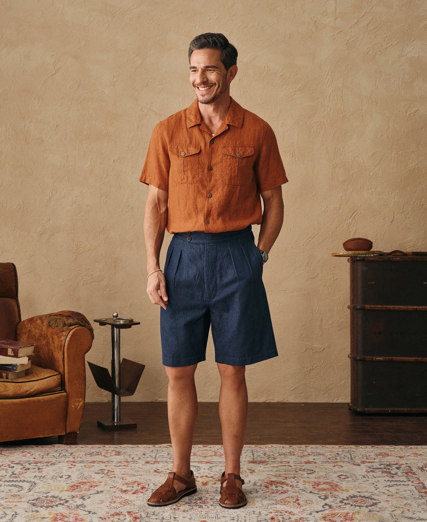 Men's Relaxed Fit Double-Pleated Hemp-Cotton Shorts - Indigo