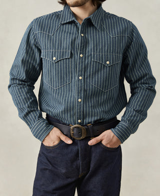 overview of Slim Fit Wabash Striped Indigo Western Shirt