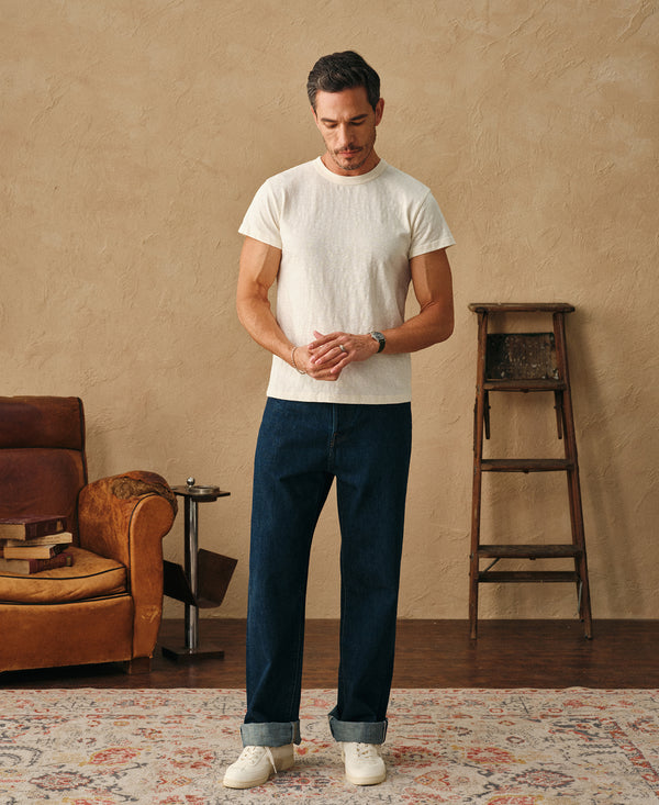 Light cream slub cotton cap-sleeve T-shirt on model, crew neck
