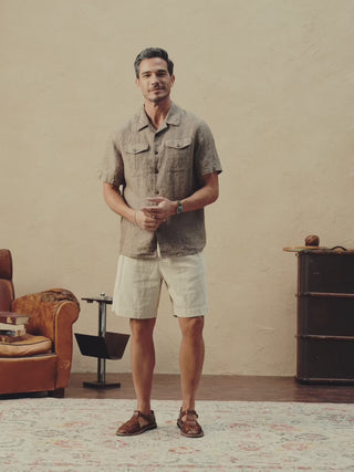video of Yarn-dyed Linen Camp-Collar Shirt Coffee