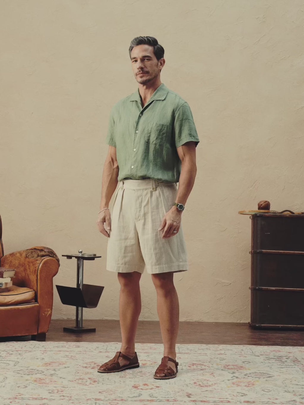 video of 1950s Italian Collar Linen Short Sleeve Shirt Sage